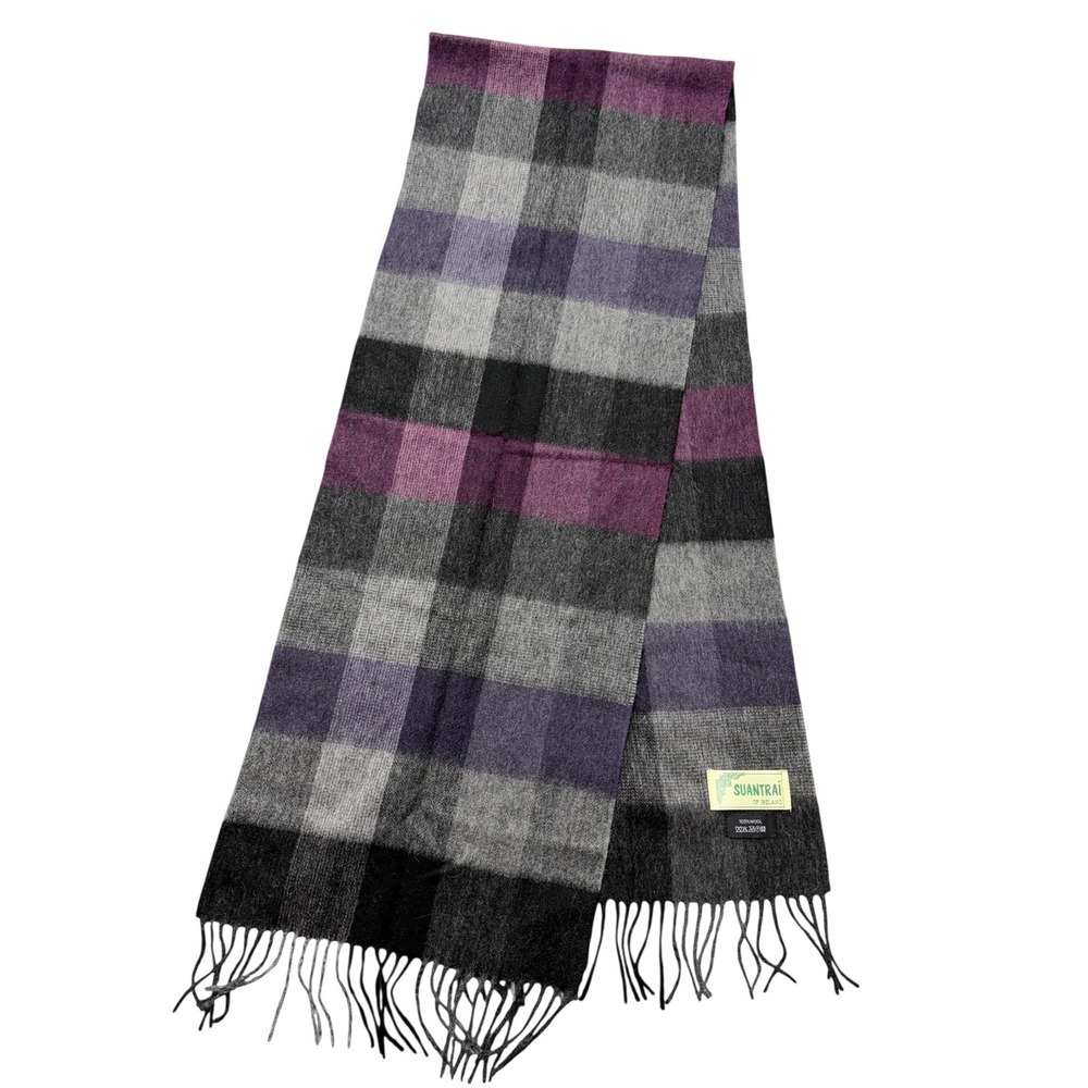 Suantrai‎ Scarf Womens One Size Gray Purple Plaid 100% Wool Fringe Wrap Ireland